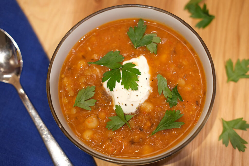 Roasted Vegetable Soup with Lentils and Chickpeas