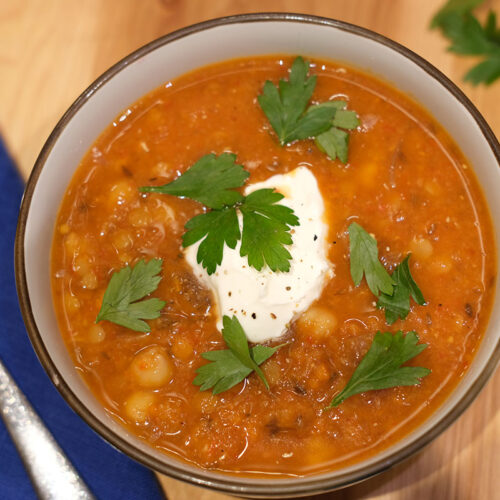 Roasted Vegetable Soup with Lentils and Chickpeas