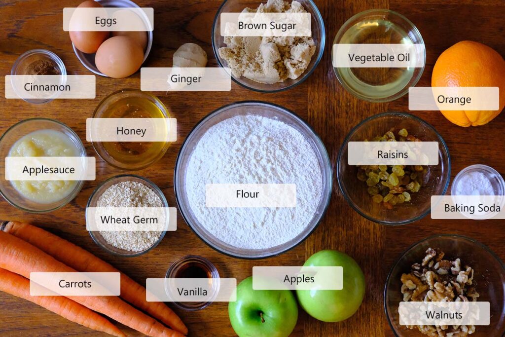 Ingredients to make morning glory muffins