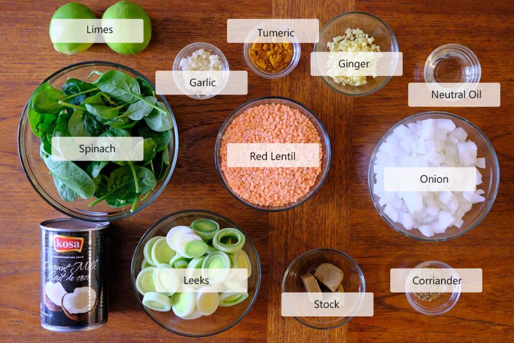 Ingredients for Red Lentil Leek and Coconut Soup