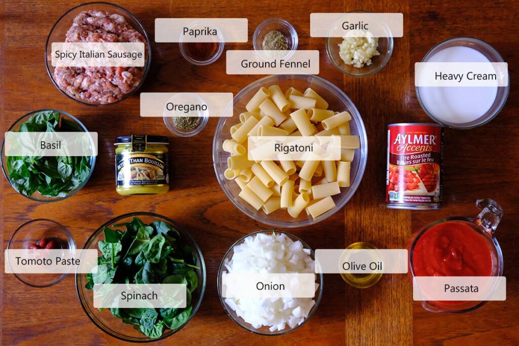 Ingredients for one pot spicy sausage pasta