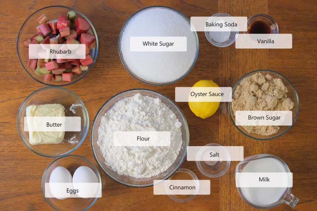 Ingredients to make lunar rhubarb cake