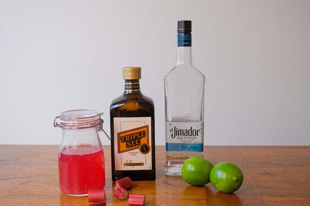 Ingredients to this rhubarb margarita recipe