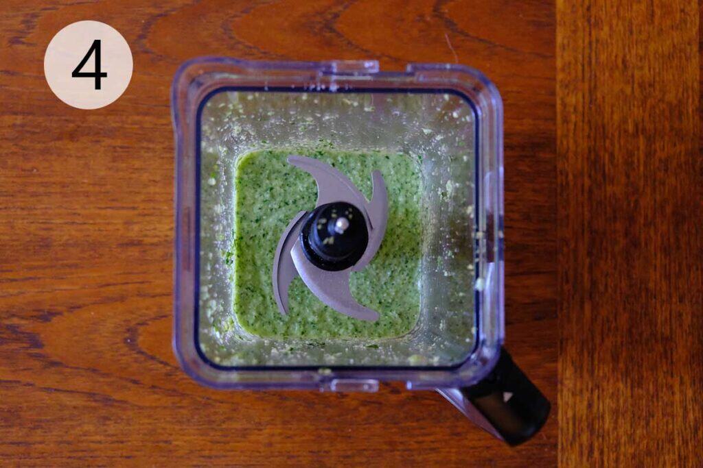 Steps to make this garlic scape pesto recipe - Smooth garlic scape pesto in food processor after blending with basil, parmesan cheese, and lemon juice