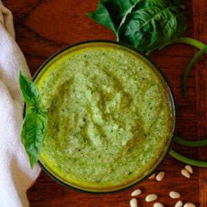 Garlic Scape Pesto with fresh basil, pine nuts and garlic scapes