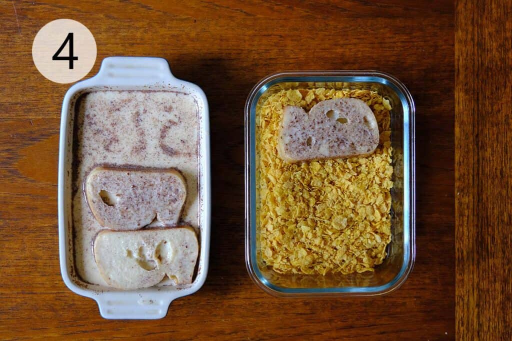 Process step for making Crispy French Toast Two containers of food on a table.