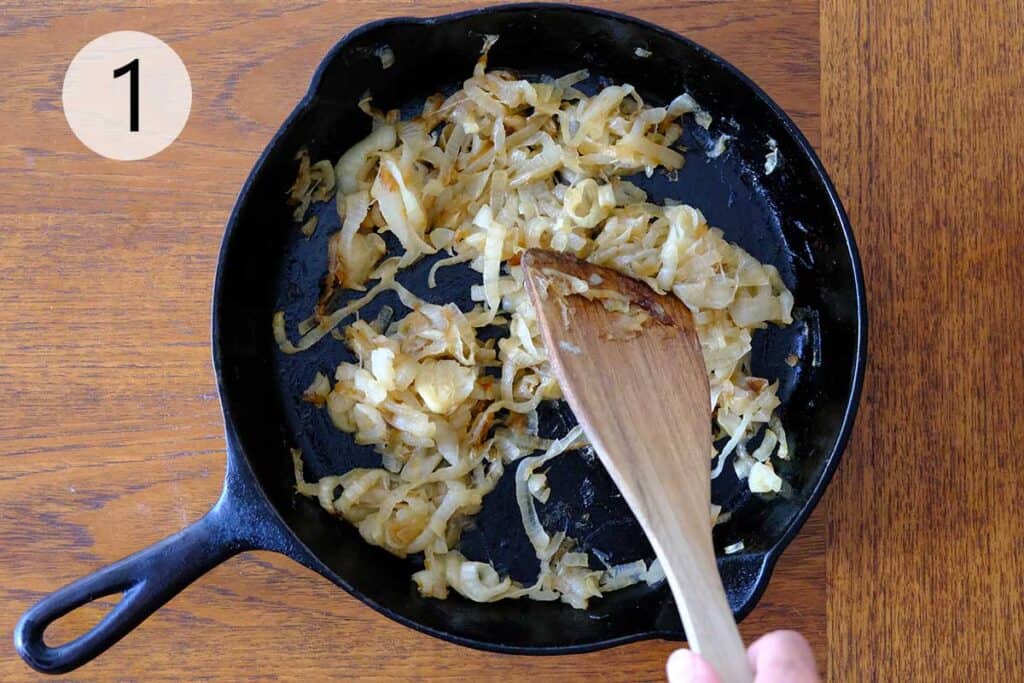 Instructions to make this pear pizza recipe - step one caramelizing the onions