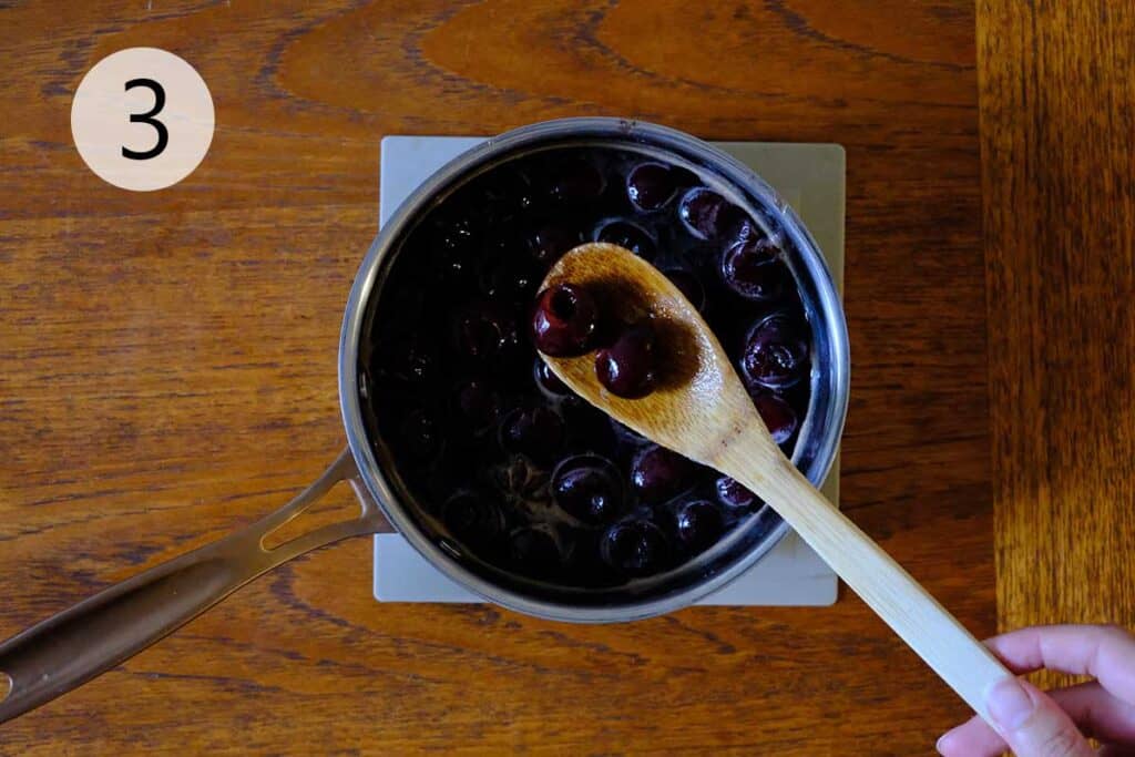 Fresh cherries stirred into spiced syrup with Luxardo maraschino liqueur