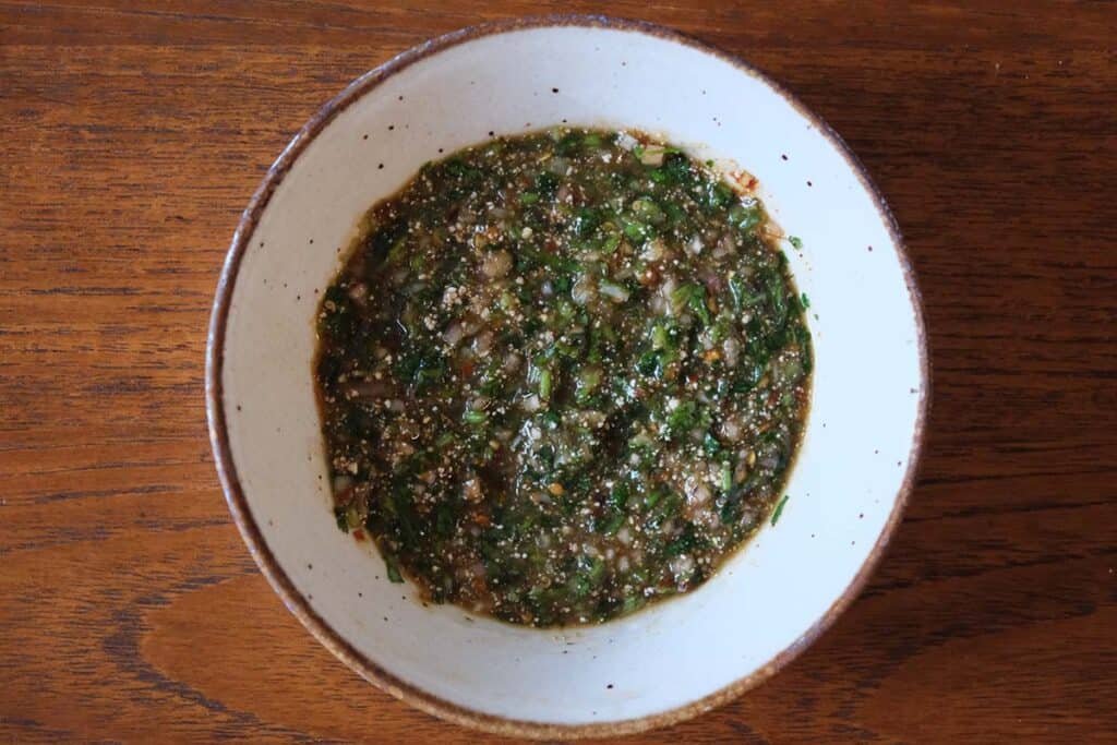 Top-down view of Thai dipping sauce Nam Jim Jeaw in a bowl