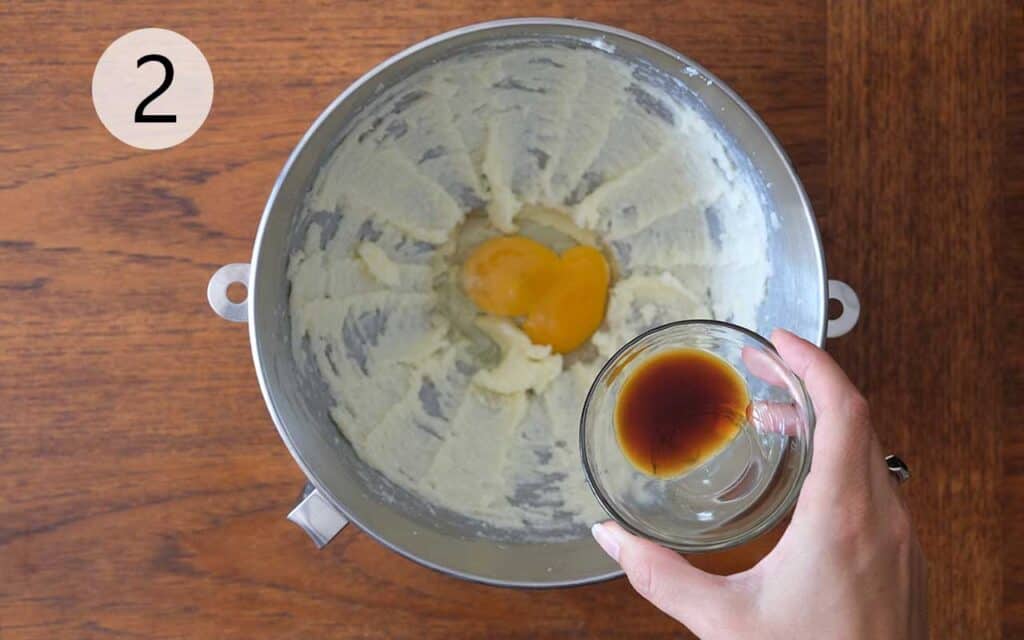 Creaming butter, brown sugar, white sugar, egg, and vanilla together to start Mexican hot chocolate cookie dough.
