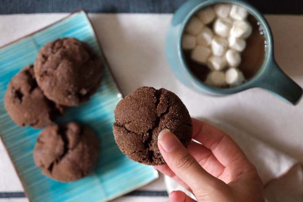 Hand holding a Mexican Chocolate Cookie above a plate of cookies and a mug of hot cocoa topped with marshmallows.