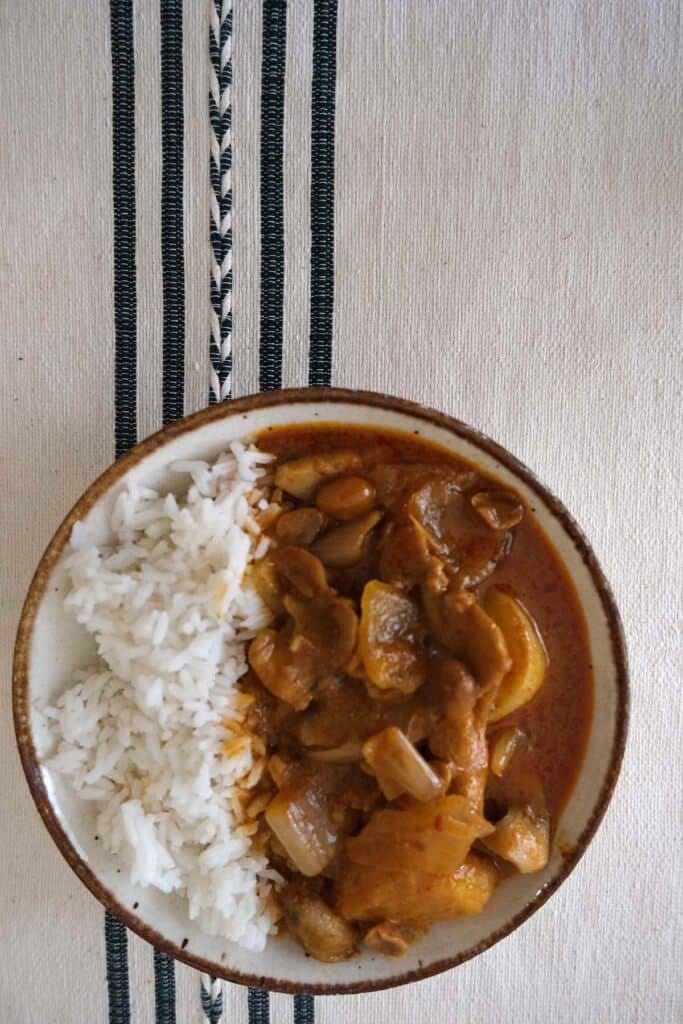 Creamy Chicken Massaman Curry with tender chicken, buttery potatoes, and roasted peanuts.