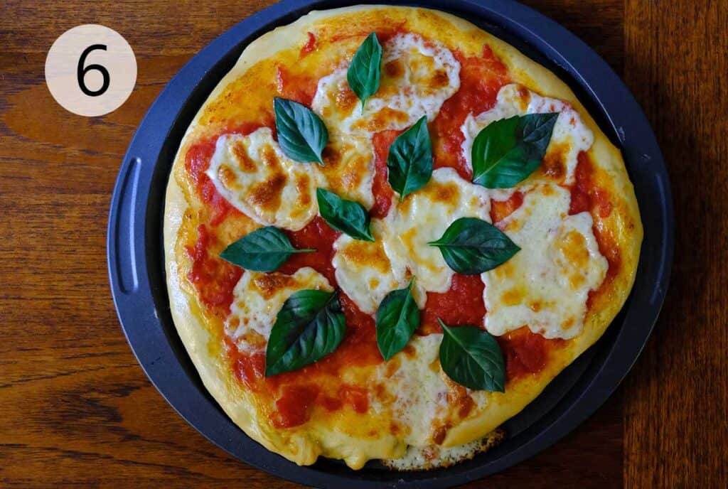 Baking homemade thin crust pizza dough in a preheated oven until golden and crisp with melted cheese and toppings.