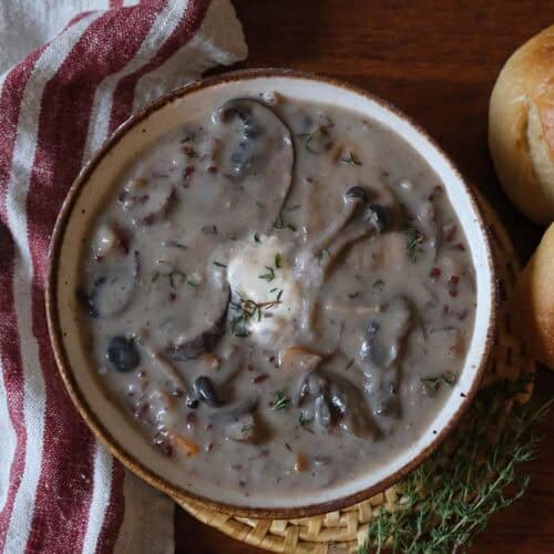 Rustic presentation of creamy wild mushroom soup recipe beside golden dinner rolls and a red striped linen napkin.