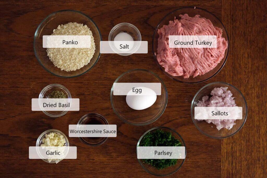 Ingredients for turkey meatballs including ground turkey, panko, shallot, garlic, parsley, egg, and seasonings for Turkey Meatball Soup Recipe.