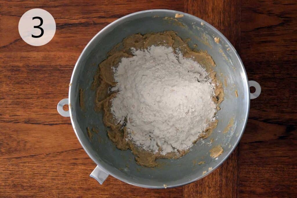 Combining wet and dry ingredients for making Cadbury Mini Egg Cookies